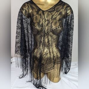 Maggie Barnes Black Semi Sheet Fringe Swimsuit Cover Poncho  One Size